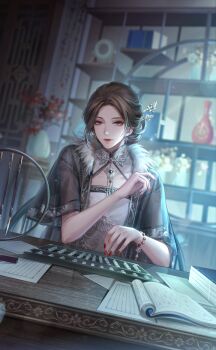 1boy animal_print artist_request bead_bracelet beads bird_print black_capelet book book_stack bracelet brown_hair butterfly_print capelet chair cherry_blossoms china_dress chinese_clothes chinese_hairpin collared_dress crossdressing crossdressing_(mtf) dress earrings expressionless eyeshadow flower fur-trimmed_capelet fur_trim game_cg hair_bun hair_rings high_collar highres indoors jewelry light_particles lipstick looking_at_viewer makeup male_focus mandarin_collar mascara nail_polish night nikki_(series) official_alternate_color official_art on_chair paper parted_lips pink_eyeshadow plum_blossoms purple_eyes red_flower red_lips red_nails see-through_capelet see-through_clothes shining_nikki short_hair single_hair_bun sitting smoky_shadows_(shining_nikki) solo updo upper_body vase white_dress white_flower yueniang_(shining_nikki)