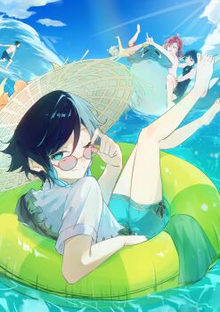 5boys absurdres ahoge alternate_costume barefoot beach bishounen black_hair black_shorts braid closed_eyes closed_mouth day full_body genshin_impact glasses green_eyes green_hair hat highres innertube kaedehara_kazuha looking_at_viewer male_focus multicolored_hair multiple_boys ocean okakinako one_eye_closed open_mouth outdoors red_hair scaramouche_(genshin_impact) shikanoin_heizou shirt short_hair shorts smile streaked_hair surfing swim_ring swimsuit topless_male twin_braids venti_(genshin_impact) water white_hair white_shirt xiao_(genshin_impact)