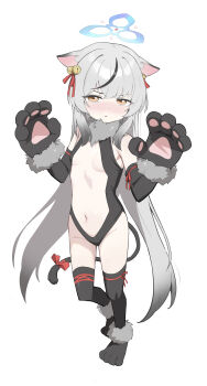 1girl :o absurdres animal_ear_fluff animal_ears animal_hands bare_shoulders bell black_leotard black_sleeves black_streaks black_tail black_thighhighs blue_archive blue_halo blush bow brown_eyes cat_tail cleavage_cutout clothing_cutout detached_sleeves dot_nose fake_tail from_above full_body fur-trimmed_collar fur_trim gloves gradient_halo grey_hair hair_bell hair_between_eyes hair_ornament hair_ribbon halo hands_up highleg highleg_leotard highres illyasviel_von_einzbern illyasviel_von_einzbern_(beast_style) jingle_bell kaminari_(edeath) kokona_(blue_archive) leotard loli long_hair looking_at_viewer multicolored_hair multicolored_halo narrowed_eyes navel parted_lips paw_gloves paw_shoes red_ribbon ribbon shoes sidelocks simple_background solo standing stomach stomach_cutout straight_hair strapless strapless_leotard streaked_hair tail tail_bow tail_ornament thighhighs tiger_ears tiger_girl v-shaped_eyebrows very_long_hair white_background