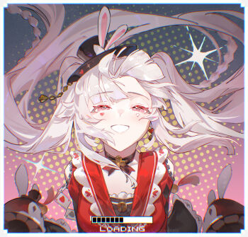 1girl black_choker black_hat black_sleeves bow breasts chinese_commentary choker clothing_cutout club_(shape) collar commentary_request floating_hair frilled_collar frilled_sleeves frills gradient_background grey_background grey_hair grin hat hat_bow hat_ornament highres honkai:_star_rail honkai_(series) kei_kei_(854174652) laughing loading_icon loading_screen long_sleeves looking_at_viewer medium_breasts multicolored_hair pink_background pink_eyes plaid_clothes plaid_sleeves poker polka_dot polka_dot_background profile rabbit_hat_ornament red_eyes red_hair red_shirt sailor_collar shirt shoulder_cutout smile solo sparkle sparkle_(honkai:_star_rail) sparxie_(honkai:_star_rail) streaked_hair twintails upper_body white_bow white_hair wide_sleeves wind