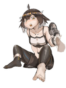 1girl absurdres arknights barefoot blush brown_hair cum ejaculation feet highres holding holding_shoes holding_unworn_clothes looking_at_viewer medium_hair open_mouth operatorut plume_(arknights) shoejob shoes single_shoe single_sock socks toes unworn_shoes yellow_eyes