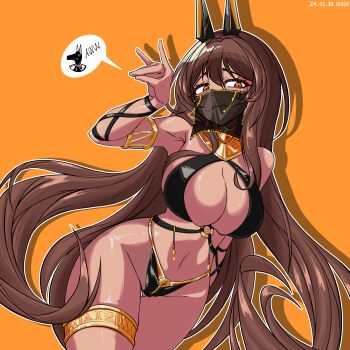 1girl absurdres aludoru ancient_egyptian animal_ears anubis_(mythology) anubis_(mythology)_(cosplay) blush breasts brown_hair cleavage cosplay dark-skinned_female dark_skin dated detached_collar egyptian_mythology fake_animal_ears fox_shadow_puppet goddess_of_victory:_nikke harem_outfit highres jackal_ears jewelry large_breasts long_hair looking_at_viewer mouth_veil noir_(nikke) solo teardrop_facial_mark veil very_long_hair waist_jewel wavy_mouth yellow_eyes