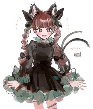 +_+ 1girl :3 animal_ears black_bow black_dress black_ribbon blunt_bangs blush bow braid cat cat_ears cat_girl cat_tail commentary_request cowboy_shot dress extra_ears fangs fingernails frilled_dress frills green_trim grey_cat hair_bow highres kaenbyou_rin leg_ribbon light_blush long_fingernails long_hair long_sleeves looking_at_viewer mozukuzu_(manukedori) multiple_tails nekomata notice_lines open_mouth red_eyes red_hair red_nails ribbon romaji_text simple_background smile solo tail touhou twin_braids two_tails white_background