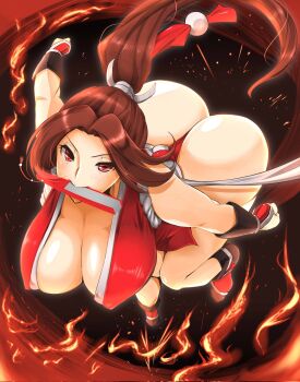1girl :> artist_request ass breasts curvy fatal_fury fire full_body highres huge_ass jumping large_breasts leotard leotard_under_clothes long_hair looking_at_viewer revealing_clothes shiranui_mai thong thong_leotard wide_hips