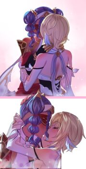 2girls aoiabyss bare_shoulders blonde_hair blush closed_eyes commentary_request corrupted_twitter_file detached_sleeves dress eye_mask genshin_impact hand_on_another's_head hand_on_another's_neck highres jeht_(genshin_impact) kiss lumine_(genshin_impact) mask multiple_girls purple_hair short_hair_with_long_locks short_twintails shoulder_blush sleeveless sleeveless_dress spanish_commentary twintails white_background white_sleeves yuri