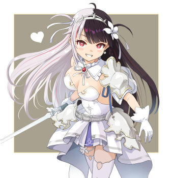 1girl ahoge armor belt black_hair blush_stickers breasts bright_pupils brooch cleavage commentary_request cowboy_shot detached_collar dress earrings faulds gem gloves grey_background grey_hair grin hairband haniwa_(leaf_garden) heart highres holding holding_sword holding_weapon jewelry leaning_forward long_hair looking_at_viewer medium_breasts multicolored_hair neck_ribbon nijisanji official_alternate_costume pauldrons pink_streaks purple_belt raised_eyebrows red_eyes red_gem ribbon shiny_skin shoulder_armor silver_hairband single_bare_shoulder single_pauldron smile solo sphere_earrings spiked_hairband spikes split-color_hair strapless strapless_dress streaked_hair sword tassets thigh_strap thighhighs two-tone_hair two_side_up v-shaped_eyebrows virtual_youtuber weapon white_dress white_gloves white_pupils white_ribbon white_thighhighs yorumi_rena yorumi_rena_(8th_costume)