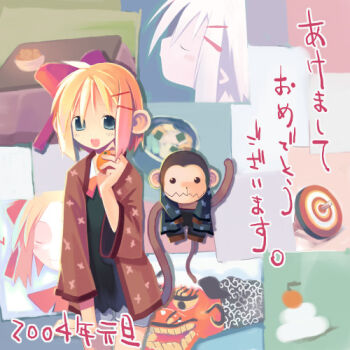 1girl 2004 3girls :d archived_source asami_natsuhito black_dress blonde_hair blue_eyes blue_haori blush_stickers bow bowl brown_eyes closed_eyes closed_mouth commentary cowboy_shot dated dress dual_persona english_commentary facing_viewer food fruit hair_bow hair_ornament hairclip haori japanese_clothes kagami_mochi kotatsu long_sleeves looking_at_viewer lowres mandarin_orange monkey_boy monkey_girl monkey_tail mr._smith multiple_girls multiple_views neck_ribbon new_year noodles open_mouth orange_ribbon original profile red_bow red_haori red_sleeves ribbon shorts smile soba solid_eyes sophy spinning_top table tail toy translation_request white_shorts wide_sleeves