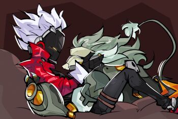 2boys banyue_(zenless_zone_zero) belt billy_kid black_pants brown_belt collared_jacket commentary cyborg english_commentary eye_contact grey_hair hand_on_another&#039;s_face highres jacket long_sleeves looking_at_another lying male_focus multicolored_hair multiple_boys on_back on_stomach pants popped_collar red_jacket shmokeymoe streaked_hair thigh_belt thigh_strap white_hair yaoi yellow_eyes zenless_zone_zero