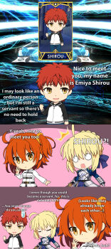 1boy 2girls absurdres ahoge artoria_pendragon_(fate) blonde_hair chibi chibi_only emiya_shirou english_text fate/grand_order fate/stay_night fate_(series) fujimaru_ritsuka_(female) game_screenshot_inset gameplay_mechanics gatalmanz hair_between_eyes hair_ornament hair_scrunchie highres incredibly_absurdres medium_hair multiple_girls red_hair saber_(fate) scrunchie short_hair side_ponytail sidelocks summoning yellow_eyes
