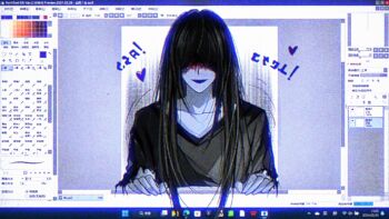 Rule 34 | 1boy, art program in frame, black hair, black kimono, blood, blood on face, chinese commentary, commentary request, fourth wall, highres, homicipher, homicipher text, japanese clothes, kimono, long hair, mr. crawling, out of frame, painttool sai, shehuiluanbuluanleizongshuolesuan085, solo, upper body