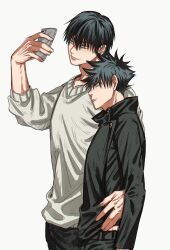 Rule 34 | 2boys, black hair, black jacket, black pants, buttons, cellphone, closed mouth, commentary request, father and son, fushiguro megumi, fushiguro touji, fushirun rung, green eyes, hair between eyes, hand on another&#039;s hip, holding, holding phone, jacket, jujutsu kaisen, korean commentary, light smile, long sleeves, looking at phone, male focus, multiple boys, pants, phone, scar, scar on face, scar on mouth, school uniform, selfie, short hair, smartphone, spiked hair, sweater