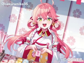 Rule 34 | 1girl, :d, ahoge, bell, commentary request, copyright name, detached sleeves, double-parted bangs, frilled kimono, frills, green eyes, hair bell, hair between eyes, hair ornament, hair rings, hairclip, hakama, hakama skirt, holding, hololive, japanese clothes, jingle bell, kimono, long hair, looking at viewer, low twintails, nokachoco114, nontraditional miko, obi, official art, omamori, open mouth, pink hair, pink hakama, sakura miko, sakura miko (1st costume), sash, skirt, sleeveless, sleeveless kimono, smile, solo, teeth, twintails, upper teeth only, virtual youtuber, white sleeves, wide sleeves, x hair ornament