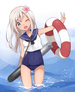 1girl black_neckerchief blue_eyes blue_one-piece_swimsuit blue_sailor_collar blush commentary covered_navel crop_top dated_commentary flower grey_hair hair_flower hair_ornament holding holding_swim_ring innertube kan'yu_(citron_82) kantai_collection lifebuoy long_hair looking_at_viewer neckerchief one-piece_swimsuit one_eye_closed open_mouth ro-500_(kancolle) sailor_collar school_swimsuit sleeveless solo swim_ring swimsuit swimsuit_under_clothes torpedo wading water