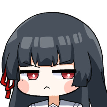 Rule 34 | 1girl, :<, black hair, bright pupils, chibi, chibi only, chisa (wuthering waves), closed mouth, commentary, hair ribbon, long hair, mole, mole under eye, portrait, red eyes, red ribbon, ribbon, sideways, simple background, solo, sticker (medium), symbol-only commentary, twomoon, v-shaped eyebrows, white background, white pupils, wuthering waves