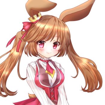 1girl animal_ears breasts brown_hair cinamon_alma crown emil_chronicle_online jacket long_hair medium_breasts necktie rabbit_ears rabbit_girl red_eyes red_jacket red_necktie red_ribbon ribbon shirt smile solo striped_clothes striped_shirt twintails upper_body white_background white_shirt yukiomi_kizuki