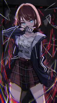 1girl blue_eyes blue_jacket brown_hair cable chromatic_aberration clothes_writing collarbone commentary covering_own_mouth cowboy_shot dark_skin girls_band_cry glowing glowing_eyes haidollo hand_over_own_mouth highres holding holding_microphone iseri_nina jacket long_sleeves looking_at_viewer low_twintails medium_hair microphone miniskirt open_clothes open_jacket plaid pleated_skirt shirt short_twintails skirt solo swept_bangs t-shirt twintails v-shaped_eyebrows vintage_microphone white_shirt