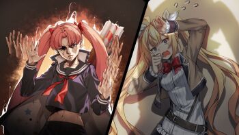 2girls afterimage ahoge arm_up aura belt black_serafuku bow bowtie brown_jacket cape center-flap_bangs commentary counter:side cowering cropped_jacket english_commentary flying_sweatdrops frilled_shirt frills hair_bow jacket long_hair long_sleeves looking_at_viewer midriff mika_star multiple_girls naielle_bluesteel neckerchief official_art open_clothes open_jacket parted_bangs print_cape red_bow red_bowtie red_neckerchief scared school_uniform serafuku shadow shirt split_screen star_(symbol) twintails very_long_hair wavy_mouth white_shirt