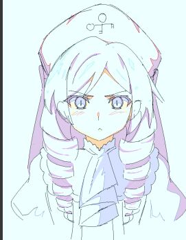 1girl :&lt; ascot blush dlanor_a._knox drill_hair furrowed_brow hat highres long_hair looking_at_viewer nyandisk partially_colored portrait puffy_sleeves side_part slit_pupils solo striped_blush twin_drills umineko_no_naku_koro_ni