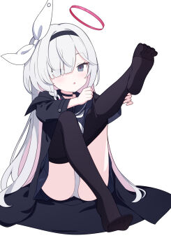 1girl :o absurdres artist_collaboration ass black_choker black_coat black_hairband black_pantyhose black_sailor_collar black_serafuku black_shirt black_skirt blue_archive blue_pupils blush bow braid braided_sidelock chinese_commentary choker clothes_pull coat colored_inner_hair commentary commission dot_nose dressing english_commentary eyes_visible_through_hair feet feet_up full_body grey_eyes grey_hair hair_bow hair_over_one_eye hair_ribbon hairband halo hands_up highres jyt knee_up knees_up leg_up loli long_hair long_sleeves looking_at_viewer mismatched_pupils mixed-language_commentary multicolored_hair neckerchief no_shoes open_clothes open_coat panties pantyhose pantyhose_pull parted_lips pink_hair pink_halo pink_pupils plana_(blue_archive) pleated_skirt pulling_own_clothes red_pupils ribbon sailor_collar sailor_shirt school_uniform serafuku shirt sidelocks simple_background single_braid sitting skirt soles solo thighs toes torchcho two-tone_hair underwear undressing very_long_hair white_background white_bow white_neckerchief white_panties