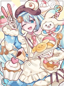 Rule 34 | 1girl, apron, aqua eyes, aqua hair, beret, blush, brown hat, character-themed food, commentary request, cookie hair ornament, detached sleeves, food-themed hair ornament, frilled apron, frills, fur-trimmed sleeves, fur trim, hair between eyes, hair ornament, hat, hatsune miku, highres, holding, holding tongs, holding tray, long hair, looking at viewer, necktie, noibara noy, official alternate costume, official alternate hairstyle, one eye closed, open mouth, pink necktie, puffy short sleeves, puffy sleeves, rabbit yukine, short sleeves, smile, tongs, tray, twintails, very long hair, vocaloid, white apron, wide sleeves, yuki miku, yuki miku (2026)