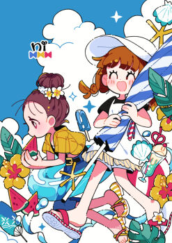 2girls :d ^_^ bendy_straw black_shirt blue_shorts blue_sky blue_umbrella blush braid brown_hair closed_eyes cloud commentary cup day dress drinking_glass drinking_straw eating flower food fruit hair_bun hair_flower hair_ornament hat holding holding_food holding_umbrella jacket multiple_girls nagino_nichiko open_clothes open_jacket open_mouth original outdoors pinafore_dress red_eyes sandals shirt short-sleeved_jacket short_hair short_sleeves shorts shorts_under_dress single_hair_bun sky sleeveless sleeveless_dress smile striped_umbrella summer twin_braids umbrella watermelon watermelon_slice white_dress white_flower white_hat white_sandals white_shorts yellow_jacket yellow_sandals