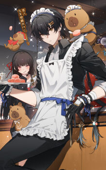 1boy 1girl absurdres ahoge apron bandaged_arm bandages black_hair black_pants blue_bow blue_ribbon bow capybara character_hair_ornament chinese_commentary chinese_text chisa_(wuthering_waves) commentary_request cowboy_shot cropped_jacket earrings food frilled_apron frilled_wrist_cuffs frills gloves hair_between_eyes hair_ornament hairclip highres holding holding_plate jacket jewelry leaning_on_object long_hair maid_apron maid_headdress male_focus male_rover_(wuthering_waves) namipon_(wuthering_waves) pants plate ribbon rover_(wuthering_waves) shirt sleeves_pushed_up sparkle stud_earrings three-quarter_sleeves translation_request waist_ribbon waiter watashi_wa_chibi white_shirt wrist_cuffs wuthering_waves yellow_eyes