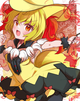 1girl absurdres animal_ear_fluff animal_ears armpits blonde_hair blush braixen cafe_berry dress fire fox_ears fox_girl fox_tail gen_6_pokemon hat highres holding holding_stick long_hair nintendo open_mouth orange_eyes personification pokemon pokemon_(creature) scrunchie sleeveless sleeveless_dress smile solo stick tail witch witch_hat wrist_scrunchie
