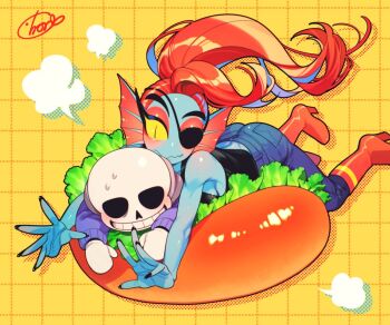 1boy 1girl black_nails black_shirt blue_pants blue_skin blush boots colored_sclera colored_skin eyepatch fish_girl girl_on_top grid_background hot_dog_bun lettuce long_hair nndm_urushi pants ponytail red_boots red_hair sans_(undertale) shirt skeleton sweat teeth undertale undyne utdr_(toby_fox) yellow_background yellow_sclera