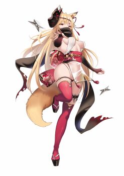 1girl absurdres animal_ears black_mask black_panties blonde_hair breasts elbow_gloves fingerless_gloves fox_ears fox_girl fox_mask fox_tail gloves gradient_gloves highres kunai long_hair mask mask_on_head original oxygen_mask_(oxygenmask233) panties pelvic_curtain platform_sandals red_gloves red_thighhighs sandals see-through_clothes see-through_pelvic_curtain shuriken simple_background small_breasts solo tail thigh_strap thighhighs underwear very_long_hair weapon white_background
