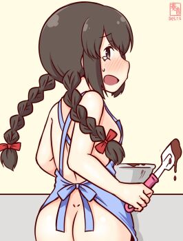 1girl apron artist_logo ass black_hair blue_apron bowl braid brown_eyes chocolate commentary_request cowboy_shot dated dimples_of_venus from_behind isonami_(kancolle) kanon_(kurogane_knights) kantai_collection logo looking_at_viewer looking_back low_twintails naked_apron no_panties one-hour_drawing_challenge solo spatula tears twin_braids twintails yellow_background