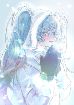 1girl :d black_mittens blue_eyes blue_hair blush commentary commentary_request from_side fur-trimmed_hood fur-trimmed_jacket fur_trim hair_between_eyes hair_through_headwear hands_up hatsune_miku heremia highres hood hood_up hooded_jacket jacket long_hair looking_at_viewer looking_to_the_side mittens open_mouth own_hands_together smile snowing solo symbol-only_commentary upper_body very_long_hair vocaloid white_jacket