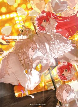 1boy 1girl absurdres balloon black_pants blurry blurry_background blush bow bowtie brown_hair carousel closed_mouth commission depth_of_field dress english_text frilled_dress frills from_below hair_bow hairband heart_balloon hetero high_heels highres holding holding_another&#039;s_foot holding_balloon inset_border kissing_foot long_hair long_sleeves looking_at_another looking_down mau_sakura open_mouth original pants pantyhose parted_lips petticoat profile puffy_long_sleeves puffy_sleeves purple_eyes red_hair ribbon sample_watermark shirt shoes sidelocks sitting skirt smile sparkle twintails very_long_hair watermark white_bow white_bowtie white_dress white_pantyhose white_shirt white_shoes