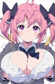1girl ahoge black_ribbon blonde_hair blue_bow blush bow breast_lift breasts button_gap buttons collared_jacket collared_shirt grey_jacket hair_between_eyes hair_bow hair_ribbon highres jacket large_breasts looking_at_viewer multicolored_hair multiple_hair_bows oomura_karasu open_clothes open_shirt original pink_eyes pink_hair ribbon ribbon_between_breasts school_uniform shirt signature simple_background solo striped_bow twintails white_background white_shirt