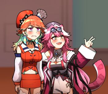 2girls animal_ear_fluff animal_ears beret black_tube_top bow bow_choker breasts buzz_lightyear choker ddolbang detached_sleeves earrings feather_earrings feathers goggles goggles_on_head gradient_hair green_hair hat highres hololive hololive_english jewelry large_breasts long_hair meme mini_chef_hat multicolored_hair multiple_girls multiple_hats open_mouth orange_hair orange_skirt panther_ears panther_girl panther_tail pink_hair purple_eyes raora_panthera raora_panthera_(1st_costume) skirt smile strapless tail takanashi_kiara takanashi_kiara_(1st_costume) tube_top virtual_youtuber x_x_everywhere_(meme) yellow_eyes