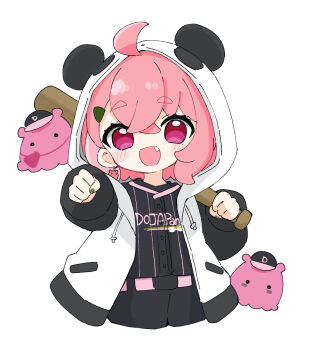 1girl :d ahoge animal_ears animal_hood baseball_bat baseball_cap baseball_uniform black_hat black_pants black_shirt blush chibi commentary cropped_legs fake_animal_ears fang green_nails hair_between_eyes hair_ornament hairclip hat highres holding holding_baseball_bat hood hood_up hooded_jacket jacket long_sleeves multicolored_hair nail_polish nijisanji nozo_(hitomiz) open_mouth panda_ears panda_hood pants pink_hair puffy_long_sleeves puffy_sleeves purple_eyes sasaki_saku shirt short_eyebrows simple_background smile sportswear streaked_hair thick_eyebrows virtual_youtuber white_background white_jacket