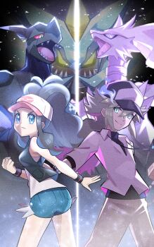 1boy 1girl baseball_cap black_vest blue_eyes blue_shorts brown_hair clenched_hand cowboy_shot denim denim_shorts dragon gen_5_pokemon green_eyes green_hair hat high_ponytail highres hilda_(pokemon) inana_umi jewelry kyurem legendary_pokemon long_hair n_(pokemon) nintendo pendant pokemon pokemon_(creature) pokemon_bw ponytail reshiram sharp_teeth shirt short_shorts shorts smile teeth vest white_hat white_shirt zekrom