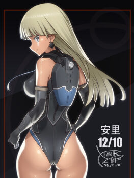 1girl alice_gear_aegis araime_yasuri ass birthday blonde_hair breasts commentary_request elbow_gloves gloves grey_eyes leotard long_hair looking_at_viewer looking_back medium_breasts profile sideways_glance solo takada_kazuhiro tan