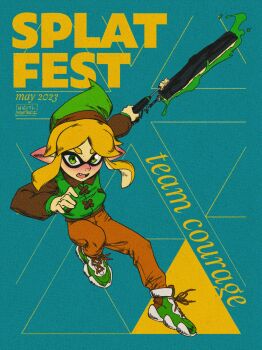 1girl alternate_species blonde_hair commentary dated english_commentary fangs full_body green_eyes green_hat green_jacket green_pants hat highres inkling jacket link mrmiguelart nintendo open_mouth orange_pants pants parody pointy_ears signature solo splatoon_(series) tentacle_hair the_legend_of_zelda