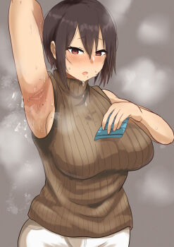 1girl arm_up armpits blush breasts brown_hair dripping grey_background hair_between_eyes highres huge_breasts knit_sweater large_breasts mole nervous_sweating open_mouth orange_eyes original short_hair simple_background sleeveless soixhu steam steaming_body sweat sweaty_clothes turtleneck very_sweaty
