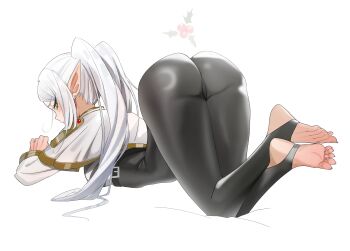 1girl absurdres ass barefoot blush feet frieren green_eyes highres kiritzugu long_hair looking_at_viewer looking_back pointy_ears soles sousou_no_frieren stirrup_legwear toeless_legwear toes twintails white_hair