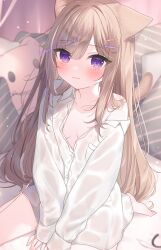 Rule 34 | 1girl, animal ears, barefoot, blush, breasts, brown hair, cat ears, cat girl, cat tail, closed mouth, collarbone, collared shirt, commentary, dress shirt, hair ornament, hairclip, leo (mafuyu), long hair, long sleeves, looking at viewer, mafuyu (chibi21), multicolored hair, naked shirt, off shoulder, original, pillow, puffy long sleeves, puffy sleeves, purple eyes, purple hair, shirt, signature, sitting, sleeves past wrists, small breasts, smile, solo, streaked hair, symbol-only commentary, tail, very long hair, wariza, white shirt