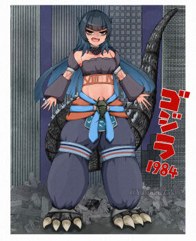 1984_(year) 1girl absurdres baggy_pants bandages belt blue_hair blue_sky brown_eyes building city cosplay debris destruction detached_sleeves dinosaur_girl fang genderswap genderswap_(mtf) giant giantess godzilla godzilla_(cosplay) godzilla_(series) highres humanization japanese_text kaiju long_hair midriff monster_girl night open_mouth pants personification rubble sea_lice sea_louse shockirus sky skyscraper spikes tail the_return_of_godzilla toho tongue yanagi_zaki
