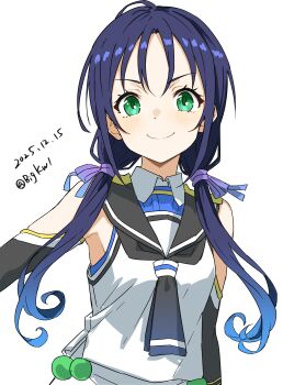1girl absurdres ahoge bare_shoulders bigkwl black_gloves black_hair black_neckerchief black_sailor_collar blue_eyes blue_hair blush breasts closed_mouth collared_shirt commentary dated dated_commentary elbow_gloves gloves gradient_hair green_eyes hair_ribbon highres kantai_collection long_hair looking_at_viewer low_twintails multicolored_hair neckerchief one-hour_drawing_challenge purple_hair purple_ribbon ribbon sailor_collar school_uniform serafuku shirt signature simple_background sleeveless sleeveless_shirt small_breasts smile solo suzukaze_(kancolle) twintails twitter_username upper_body white_background white_shirt