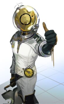 Rule 34 | 1boy, black boots, black gloves, boots, cowboy shot, ferrofluid, fishbowl helmet, from above, gloves, hand up, highres, holding, holding suitcase, id card, jumpsuit, male focus, object head, pacitra, reverse:1999, suitcase, thigh boots, thumbs up, ulrich (reverse:1999), white background, white jumpsuit