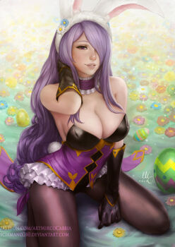 1girl breasts camilla_(fire_emblem) camilla_(spring_princess)_(fire_emblem) choker cleavage easter_egg egg fire_emblem fire_emblem_fates fire_emblem_heroes flower gloves hair_over_one_eye kneeling large_breasts long_hair looking_at_viewer nintendo official_alternate_costume one_eye_covered playboy_bunny purple_eyes purple_hair rabbit_ears sciamano240 solo wavy_hair
