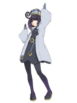 1girl arm_up belt belt_buckle black_dress black_pantyhose black_shoes blue_gloves bob_cut buckle closed_mouth coat dress eyelashes full_body gloves gradient_pantyhose gwynn_(pokemon) hachineko8 hat highres long_sleeves looking_at_viewer mega_stone nintendo o-ring o-ring_belt open_clothes open_coat pantyhose partially_fingerless_gloves pokemon pokemon_legends:_z-a purple_eyes purple_hair purple_pantyhose shoes short_hair solo white_background white_coat wide_sleeves