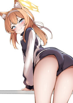 1girl absurdres animal_ear_fluff animal_ears ass awnw blue_archive blue_eyes blush closed_mouth flower from_behind gym_shorts gym_uniform hair_flower hair_ornament hairband halo highres jacket leaning_forward long_hair looking_at_viewer looking_back low_ponytail mari_(blue_archive) mari_(track)_(blue_archive) multicolored_jacket official_alternate_costume orange_hair ponytail shorts simple_background smile solo track_jacket two-tone_jacket white_background white_flower white_hairband yellow_halo