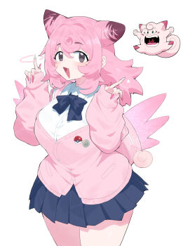 Rule 34 | 1girl, blue bow, blue bowtie, bow, bowtie, breasts, cardigan, clefairy, cone hair bun, fang, gen 1 pokemon, grey eyes, hair bun, highres, large breasts, long hair, matsumoto tomoyohi, metronome (pokemon), nintendo, personification, pink cardigan, pink hair, pink nails, pink wings, pleated skirt, pokemon, pokemon (creature), pokemon pocket monsters, skirt, white background, wings