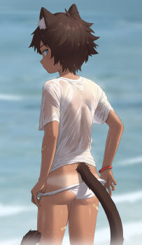 1boy absurdres animal_ears ass back bandaid bandaid_on_leg blue_eyes blurry cat_boy cat_ears cat_tail cowboy_shot day depth_of_field expressionless from_behind highres looking_at_viewer looking_back luye_yuan male_focus male_swimwear ocean original outdoors profile pulling_own_clothes see-through_clothes shirt short_hair short_sleeves shorts_tan shota solo standing swim_briefs tail tan tanline wet wet_clothes wet_hair wet_shirt white_male_swimwear white_shirt wristband