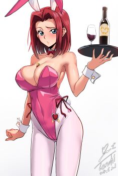 1girl absurdres alcohol animal_ears arm_at_side bare_shoulders between_breasts blue_eyes bottle bow bowtie breasts code_geass commentary cowboy_shot cup dated detached_collar drinking_glass fake_animal_ears fake_tail fingernails gluteal_fold heart highleg highleg_leotard highres holding holding_tray kouzuki_kallen large_breasts leotard light_blush long_fingernails looking_at_viewer medium_hair nail_polish pantyhose parted_lips pink_leotard pink_nails pink_pantyhose playboy_bunny rabbit_ears rabbit_tail raised_eyebrow red_bow red_bowtie red_hair redrawn side-tie_leotard signature simple_background solo standing strapless strapless_leotard tail teeth tray white_background white_wrist_cuffs wine wine_bottle wine_glass wrist_cuffs yoo_tenchi